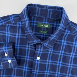 ORVIS Mens XL Classic Fit Plaid Long Sleeve Button Down Shirt Blue Cotton Blend